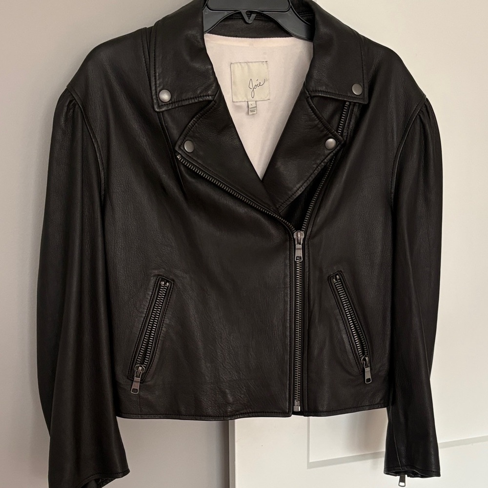 Joie Black Leather Cropped Moto Jacket with Zip Pockets